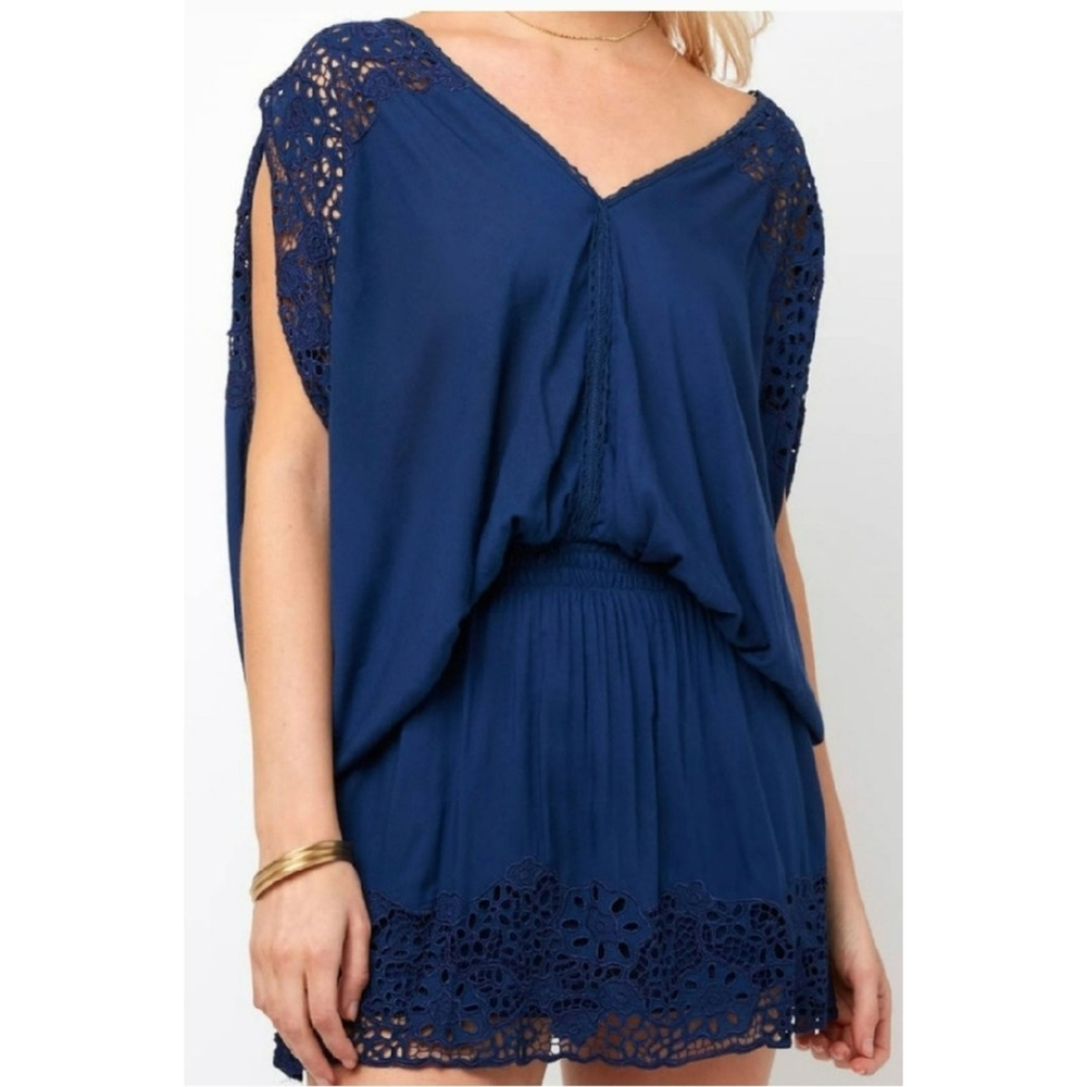Tiare Hawaiian Krawang Eyelet Mini Dress Size Medium Large Blue Beach Summer